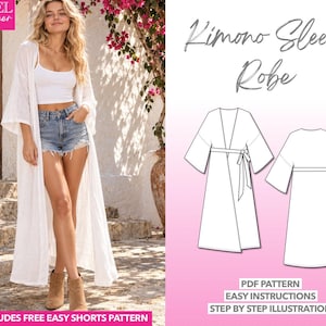 May include: A white kimono sleeve robe PDF pattern featuring a line drawing of the garment with a tie waist, wide sleeves, and a long hem. The text reads Kimono Sleeve Robe, Level Beginner, PDF Pattern, Easy Instructions, Step by Step Illustration.
