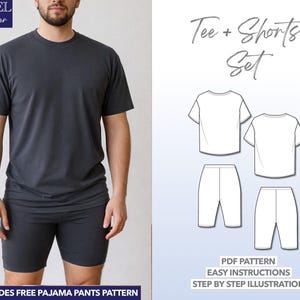 Schnittmuster für Herren-T-Shirts, Schnittmuster für Herren-Radlerhosen, anfängerfreundliches Loungewear-Set, einfaches Nähprojekt, T-Shirt-Schnittmuster (PDF), Shorts
