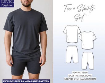 Men Tee Shirt Sewing Pattern Men Biker Shorts Sewing Pattern Beginner Friendly Loungewear Set Easy Sewing Project T-Shirt Pattern PDF Shorts