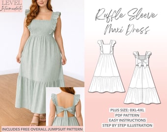 Plus Size Ruffle Sleeve Maxi Dress Sewing Pattern (PDF Pattern)