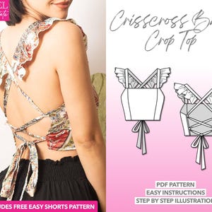 Crisscross Tie Back Crop Top Sewing Pattern: Ruffle Sleeve (PDF Pattern XS-XXXL)