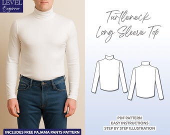 Men's Turtleneck Sewing Pattern: Long Sleeve Knit Top (PDF Pattern, S-XXL) Bonus Pajama Pants