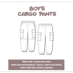 Illustration and detailed description for Boys Cargo Pants sewing pattern. Made with 1 yards poly cotton. Other Fabric Recommendations: Canvas, cotton-wool blend, cotton twill, linen, denim, polyester.
