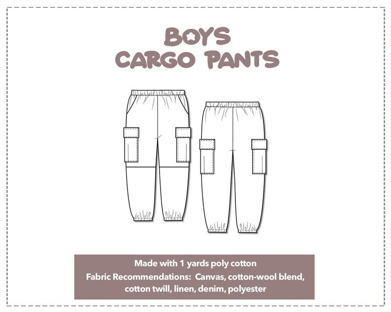 Illustration and detailed description for Boys Cargo Pants sewing pattern. Made with 1 yards poly cotton. Other Fabric Recommendations: Canvas, cotton-wool blend, cotton twill, linen, denim, polyester.