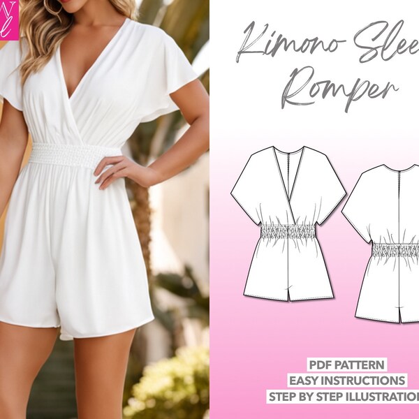 Romper Couture Modèle Kimono Manches Romper Modèle Femmes Couture Modèle Surplice Romper PDF Pattern Summer Playsuit Couture Pattern