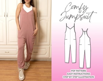 Overall Jumpsuit Sewing Pattern Knit Cami Jumpsuit PDF Pattern Comfy Overall Sewing Pattern Women Jumpsuit Sewing Pattern