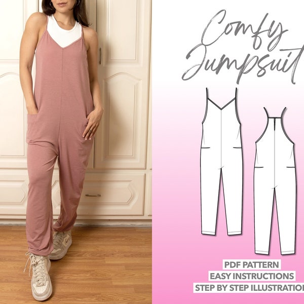 Overall Jumpsuit Sewing Pattern Knit Cami Jumpsuit PDF Pattern Comfy Overall Sewing Pattern Women Jumpsuit Sewing Pattern