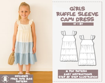 Girls Ruffle Sleeve Cami Dress Sewing Pattern (1Y-8Y) (PDF Pattern)