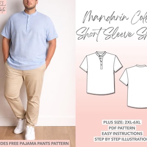 Patrón de costura para camisa de cuello mandarín de talla grande (2XL-6XL) (Patrón PDF)