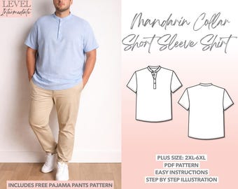 Patrón de costura para camisa de cuello mandarín de talla grande (2XL-6XL) (Patrón PDF)