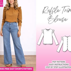 Padrão de costura para blusa com babados: blusa com botões nas costas (padrão em PDF, XS-XXXL)