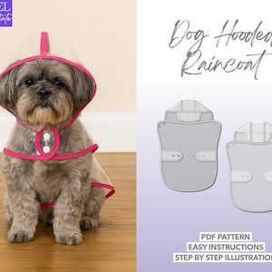 May include: A small dog wearing a clear raincoat with pink trim and a matching hood. The dog is sitting on a wooden floor. The image also includes a pattern for a dog hooded raincoat with the text "Dog Hooded Raincoat".