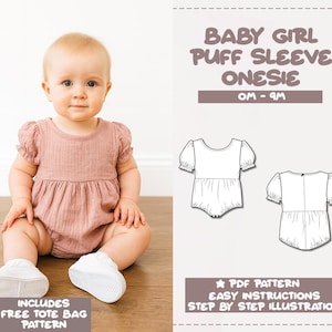 Patrón de costura para mono con mangas abullonadas para niña de 0 a 9 meses (PDF). Incluye bolsa de regalo.