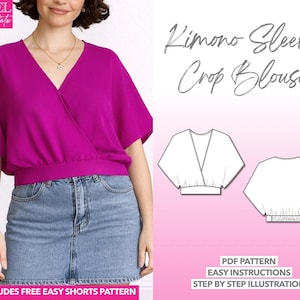 Crop Blouse Sewing Pattern Surplice Top Pattern Women Top Sewing Pattern Kimono Sleeve Blouse Easy PDF Pattern Beginner Crop Top Pattern