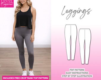 Patrón de costura de leggings para mujer (PDF): Pantalones elásticos fáciles (XS-XXXL) + Top corto extra