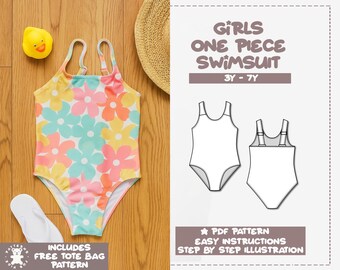 Girls One Piece Swimsuit Sewing Pattern (PDF Download): Sizes 3Y-7Y
