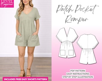 Schnittmuster Fledermausärmel Strampler: Aufgesetzte Tasche Playsuit (PDF-Muster, XS-XXXL)