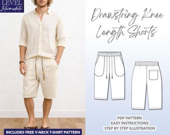 Mens Drawstring Knee Length Shorts Sewing Pattern (PDF Pattern)