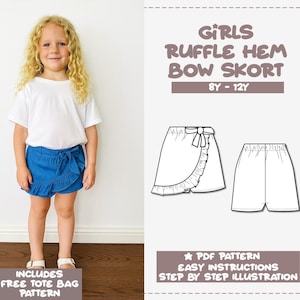 Girls Ruffle Hem Bow Skort Sewing Pattern (PDF Pattern 8Y-12Y)