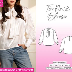 Blouse Sewing Pattern Tie Neck Blouse Pattern Women Sewing Pattern Puff Long Sleeve Pattern Workwear Top Sewing Pattern PDF Puff Sleeve Top