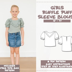 Girls Ruffle Puff Sleeve Blouse Sewing, Kids Top, Sizes 4-7 (PDF) Free Tote Bag