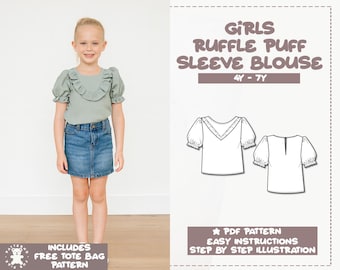 Blusa con mangas abullonadas y volantes para niñas, tallas 4-7 (PDF) Bolsa de regalo