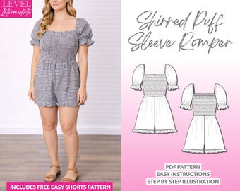 Puff Sleeve Romper Sewing Pattern: Shirred Bodice (PDF Pattern)