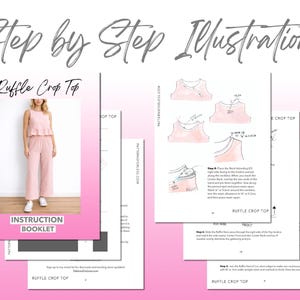 Ruffle Crop Top sewing pattern instruction booklet showing step by step illustrations to make the garment.