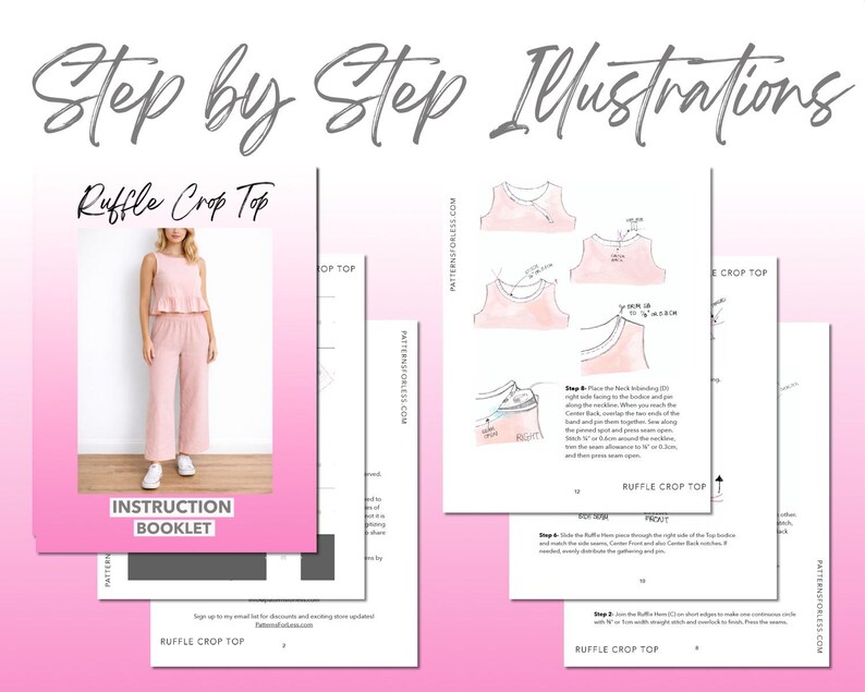 Ruffle Crop Top sewing pattern instruction booklet showing step by step illustrations to make the garment.