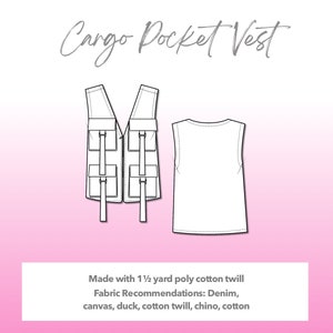 Illustration and detailed description for Cargo Pocket Vest sewing pattern.