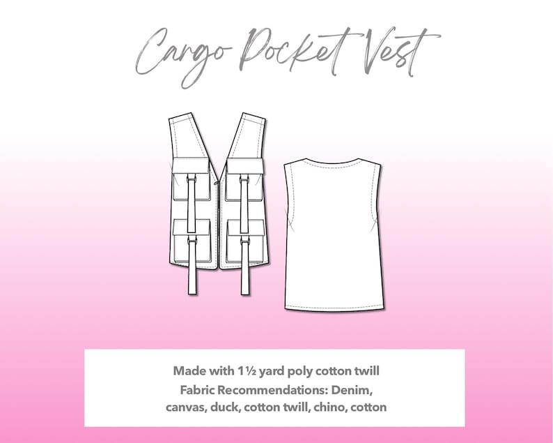 Illustration and detailed description for Cargo Pocket Vest sewing pattern.