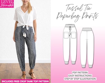Tassel Tie Paperbag Pants Sewing Pattern: Easy PDF (XS-XXXL) + Bonus Crop Top