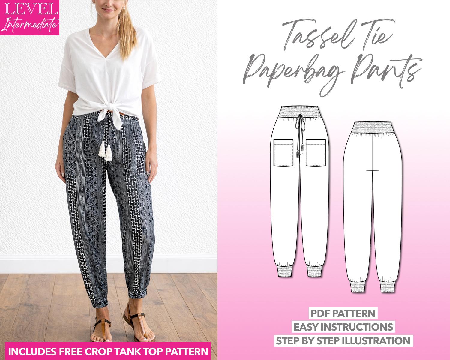 Tassel Tie Paperbag Pants Sewing Pattern: Easy PDF (XS-XXXL) +