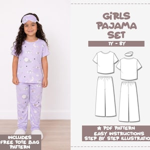 May include: A light purple pajama set featuring a short-sleeved top and pants with a celestial print of moons, clouds, and stars, paired with a matching sleep mask. The text reads GIRLS PAJAMA SET 1Y - 8Y, PDF PATTERN, EASY INSTRUCTIONS, STEP BY STEP ILLUSTRATION.