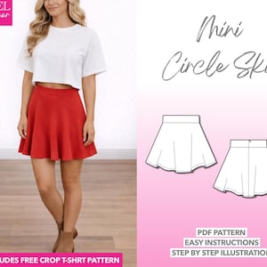 Patrón de costura de minifalda circular: PDF fácil (XS-XXXL) + Top corto extra