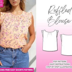 Top Sewing Pattern Ruffled Blouse PDF Pattern Easy Sewing Pattern Top PDF Pattern Woman Blouse Pattern Easy Top Pattern Ruffled Top Pattern