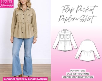 Flap Pocket Peplum Shirt Sewing Pattern: Drop Shoulder Blouse (PDF Pattern XS-XXXL)