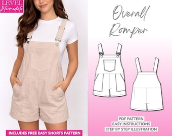 Schnittmuster für einen Strampler mit Tasche, Schnittmuster für einen Damen-Strampler, Schnittmuster für einen Cord-Spielanzug (PDF), Schnittmuster für einen Overall für Damen, Latzhose