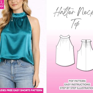 Halter Neck Top Sewing Pattern Top Pattern for Women Beginner Blouse PDF Pattern Sleeveless Blouse Strap Back Silk Blouse Stylish Top Chic