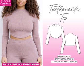 Patrón de costura para top de cuello alto Patrón para top corto Patrón para top de manga larga Patrón de costura para mujer Patrón de costura para top de punto Patrón en PDF para tela de punto