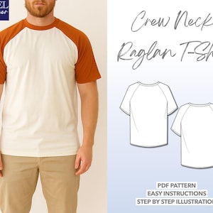 Molde para camiseta masculina de gola redonda, modelo raglan de manga curta em PDF fácil de usar, ideal para iniciantes.