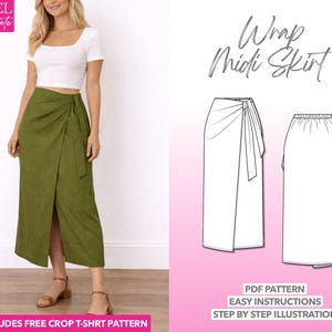 Patrón de costura para falda midi cruzada con lazo lateral (descarga en PDF, tallas XS-XXXL) - Patrón adicional de top corto