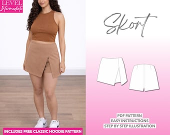 Knit Skort Sewing Pattern: Split Hem, Easy PDF (XS-XXXL)