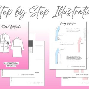 Shawl Collar Bathrobe sewing pattern instruction booklet showing step by step illustrations to make the garment.