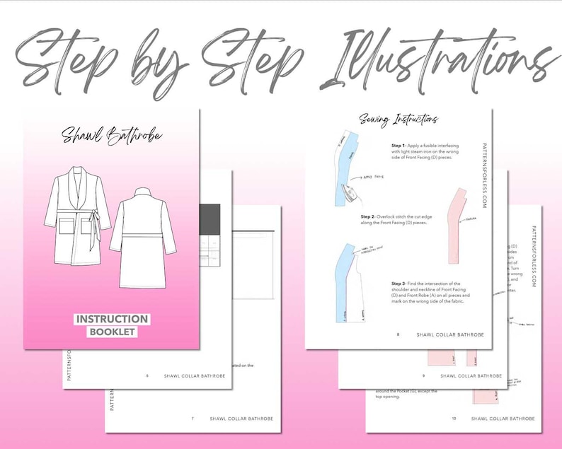 Shawl Collar Bathrobe sewing pattern instruction booklet showing step by step illustrations to make the garment.