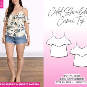 Naaipatroon cold-shoulder cami-top: pdf-download (XS-XXXL) + bonuspatroon shorts