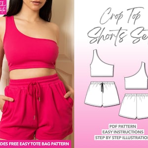 Crop Top and Shorts Sewing Pattern One Shoulder Top Pattern Tank Top Pattern Women Sewing Pattern Gym Shorts Pattern Knit Sewing Pattern PDF