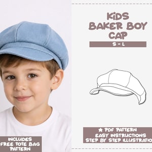 May include: A light blue baker boy cap for children. The image includes text reading KIDS BAKER BOY CAP, S-L, PDF PATTERN, EASY INSTRUCTIONS, STEP BY STEP ILLUSTRATION, and INCLUDES FREE TOTE BAG PATTERN, alongside a line drawing of the cap.