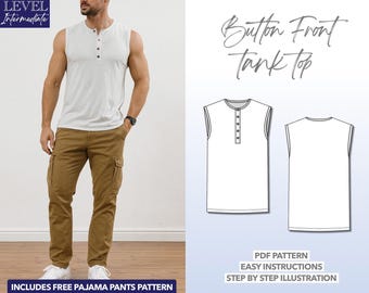 Mens Button Front Tank Top Sewing Pattern (PDF Pattern)