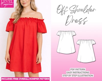 Off Shoulder Dress Pattern Mini Dress Sewing Pattern Beginner Elastic Dress Off-The-Shoulder Dress Women Sewing Pattern Dress PDF Pattern